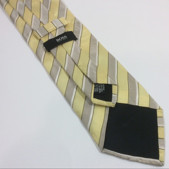 Hugo Boss Necktie Yellow & Silver Stripe Silk Neck Tie - Picture 2 of 4